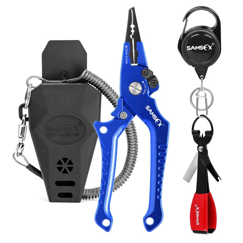 SAMSFX Aluminum Fishing Pliers Hook Remover Braid Line Cutter with Coiled Lanyard, Fly Fishing Knot Tying Tool & Retractors (Blue Handle, Split Ring Nose) - Image 1